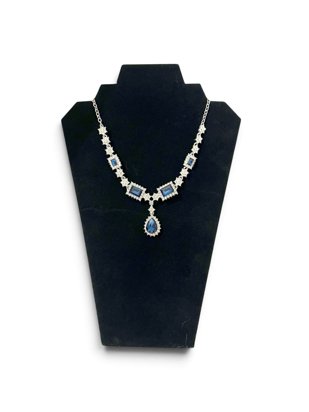 Royal Blue Rhinestone Necklace Silver Tone Statement Prom Wedding Bridal Jewelry